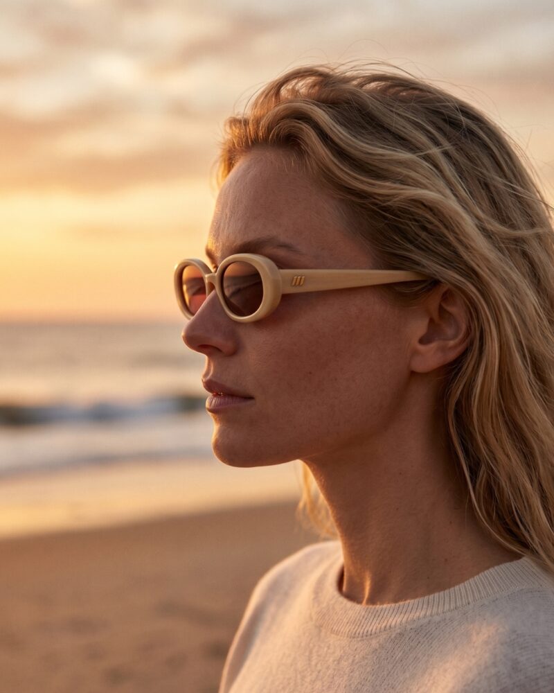 look-plage-femme-lunettes-creme-le-specs-outta-love- Femme à la plage portant les lunettes de soleil crème Le Specs Outta Love face au coucher du soleil.