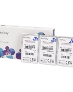 Lentilles Biofinity CooperVision – boîte et blisters Lentilles de contact Biofinity : boîte et 3 blisters, rayon 8,6 mm et diamètre 14,0 mm