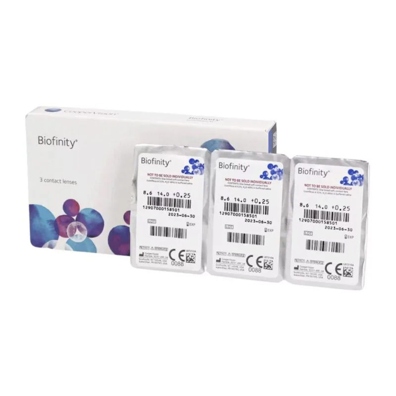 Lentilles Biofinity CooperVision – boîte et blisters Lentilles de contact Biofinity : boîte et 3 blisters, rayon 8,6 mm et diamètre 14,0 mm