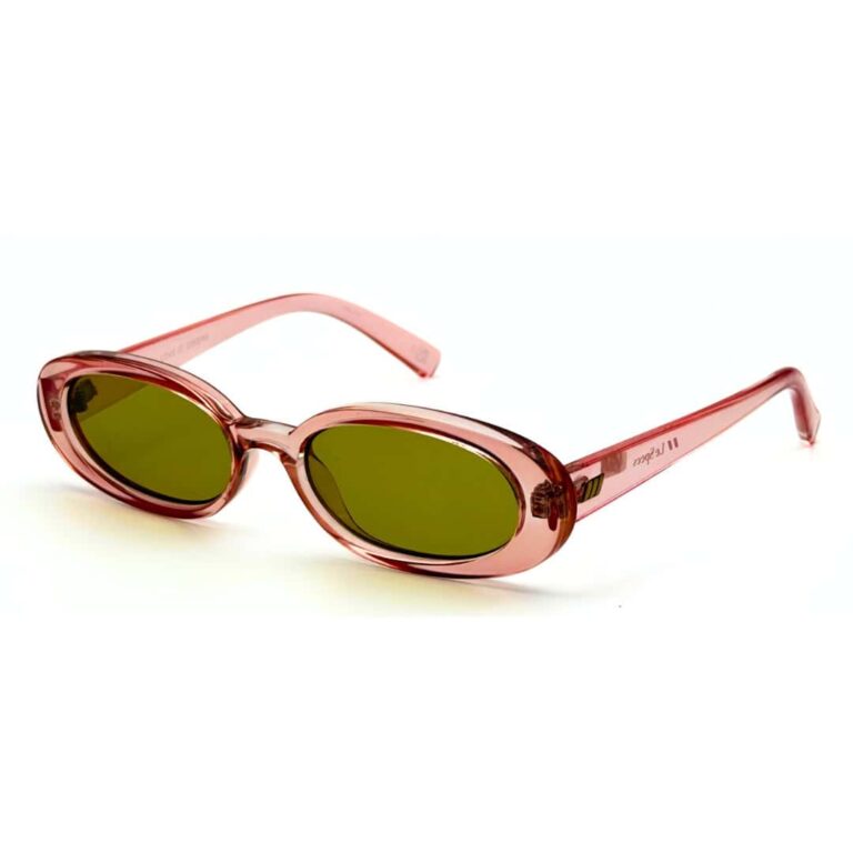 Lunettes de soleil pastel Le Specs Outta Love monture rose clair pêche avec verres verts clair.