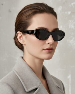Femme portant des lunettes de soleil de marque Prada, modèle ovale SPR 26Z.