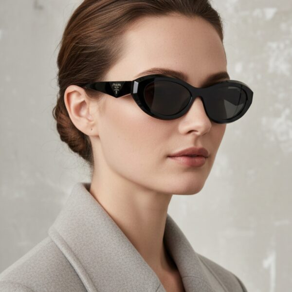 Femme portant des lunettes de soleil de marque Prada, modèle ovale SPR 26Z.