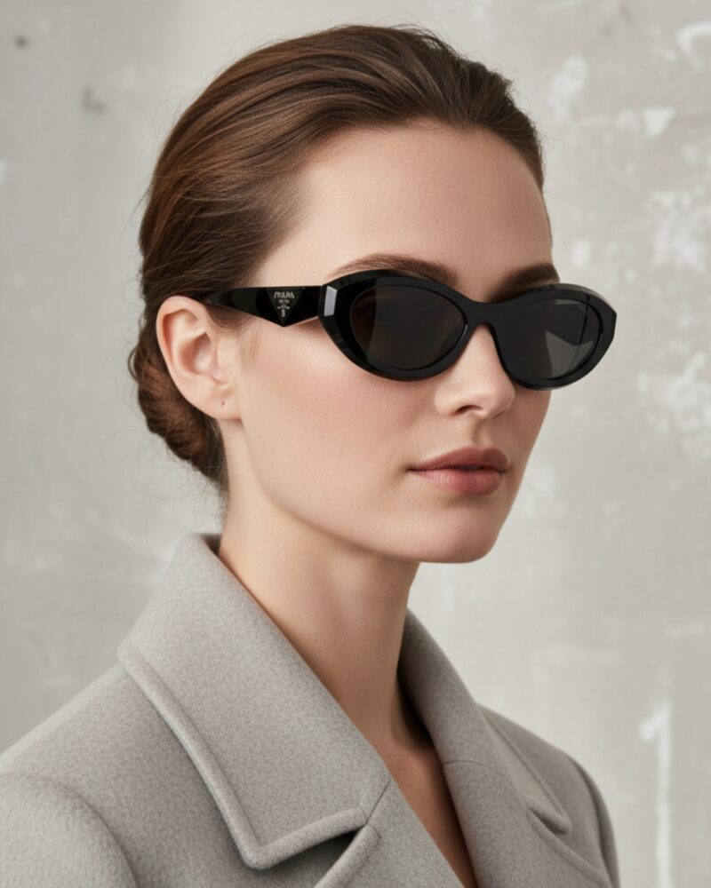 Femme portant des lunettes de soleil de marque Prada, modèle ovale SPR 26Z.