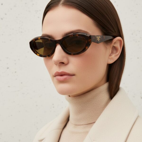 Femme portant des lunettes de soleil de marque Prada, modèle ovale SPR 26Z.