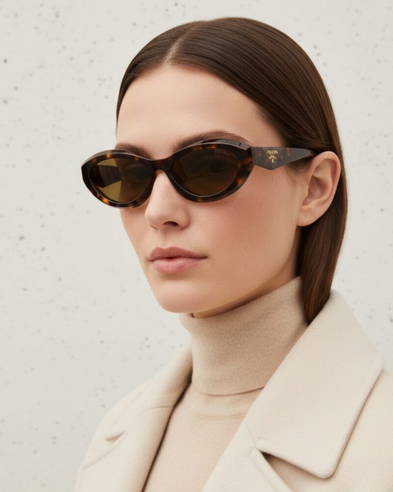 Femme portant des lunettes de soleil de marque Prada, modèle ovale SPR 26Z.