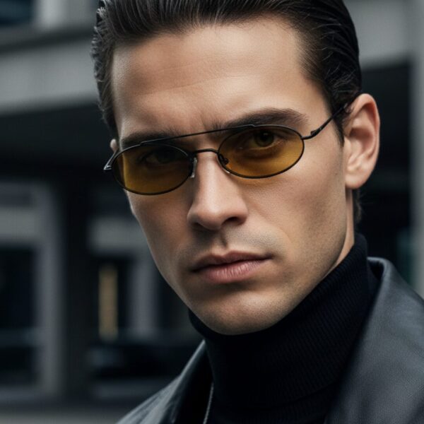 Homme au style urbain portant des lunettes de soleil BLUE EYES noires, monture fine à double pont et verres ambre clair.