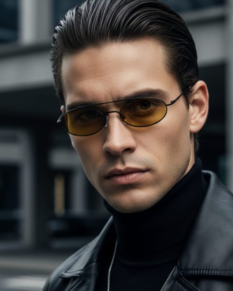 Homme au style urbain portant des lunettes de soleil BLUE EYES noires, monture fine à double pont et verres ambre clair.