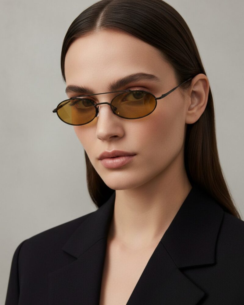 Femme au style urbain portant des lunettes de soleil BLUE EYES noires, monture fine à double pont et verres ambre clair.