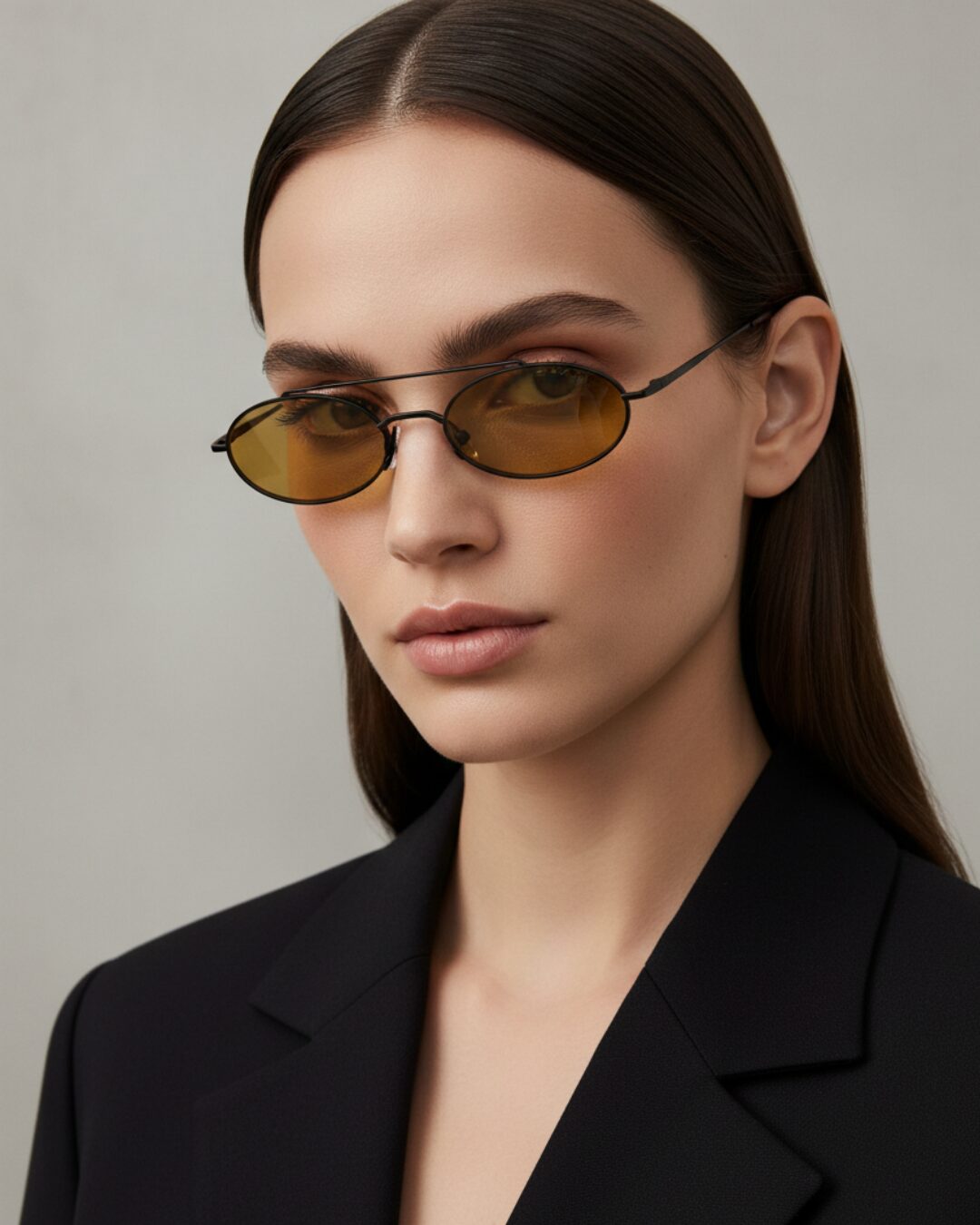 Femme au style urbain portant des lunettes de soleil BLUE EYES noires, monture fine à double pont et verres ambre clair.