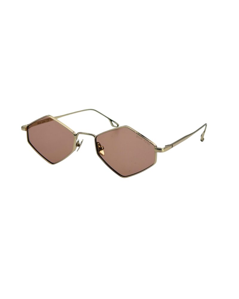 Lunettes de soleil hexagonales femme, monture dorée fine avec verres roses nude