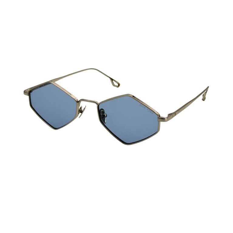lunettes-soleil-hexagonales-argent-verres-bleus Lunettes de soleil hexagonales unisexe, monture argent brossé avec verres bleus
