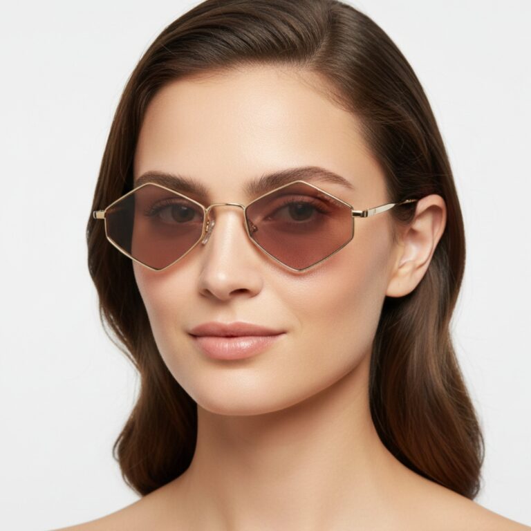 lunettes-soleil-hexagonales-dore-verres-roses Lunettes de soleil hexagonales femme, monture dorée fine avec verres roses nude