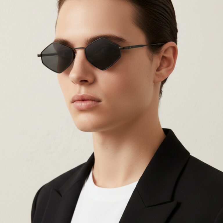 lunettes-soleil-hexagonales-noir-verres-noirs Lunettes de soleil hexagonales unisexe, monture noire fine avec verres noirs plats
