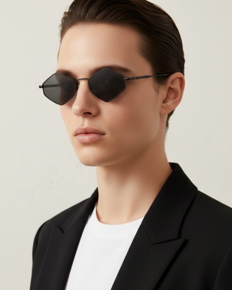 Lunettes de soleil hexagonales unisexe, monture noire fine avec verres noirs plats
