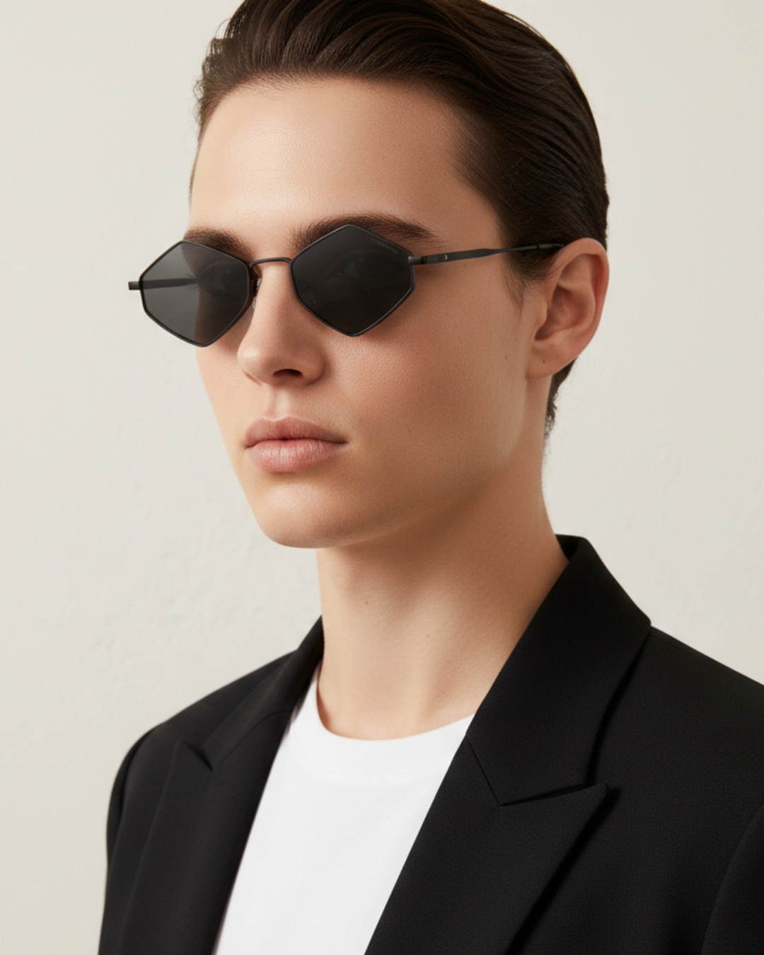 Lunettes de soleil hexagonales unisexe, monture noire fine avec verres noirs plats