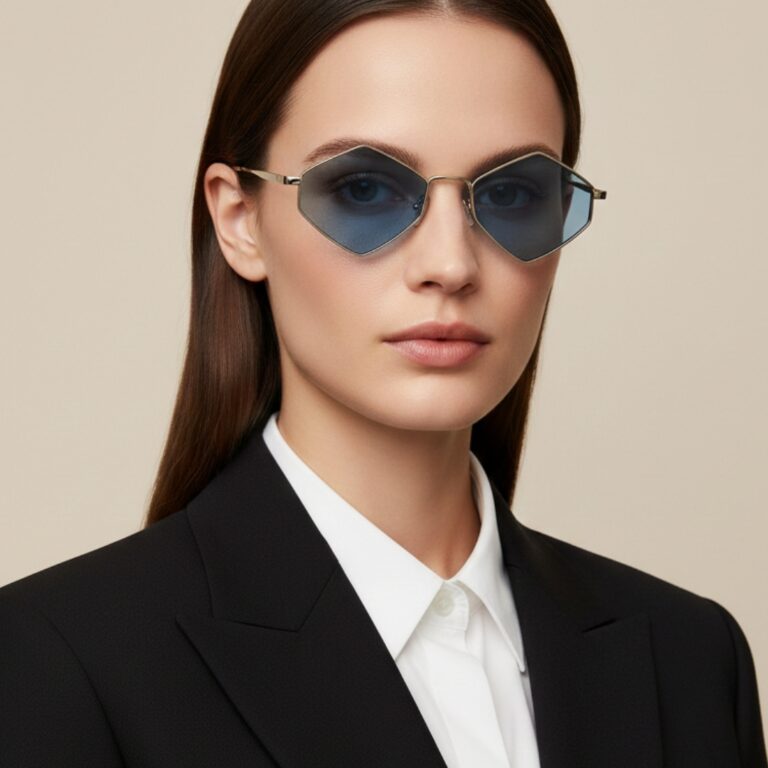 lunettes-soleil-hexagonales-argent-verres-bleus Lunettes de soleil hexagonales unisexe, monture argent brossé avec verres bleus