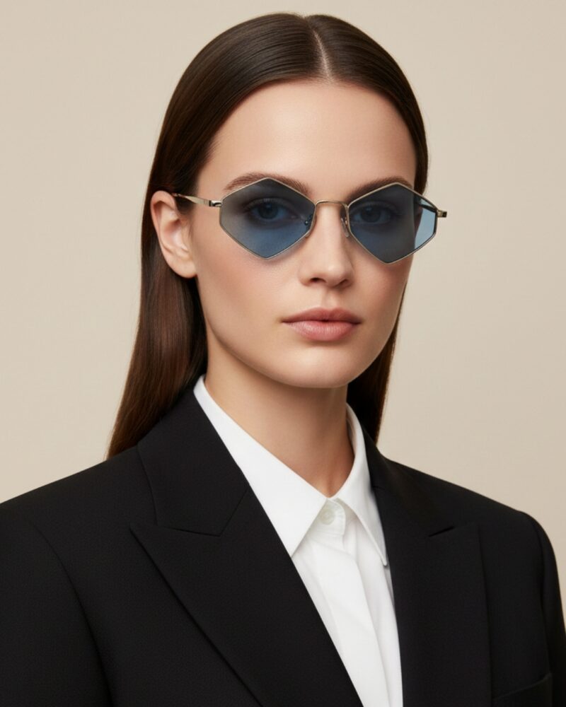 Lunettes de soleil hexagonales unisexe, monture argent brossé avec verres bleus