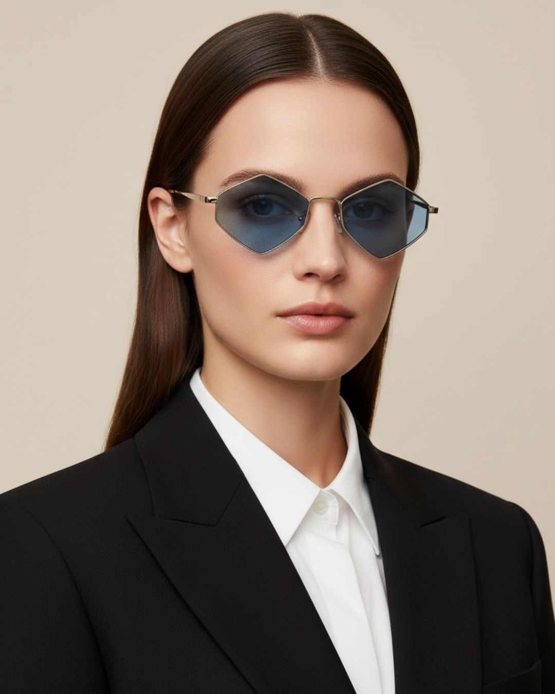 Lunettes de soleil hexagonales unisexe, monture argent brossé avec verres bleus