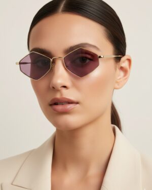 Détail des lunettes de soleil hexagonales doré brossé avec verres mauves