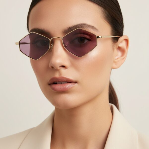 Détail des lunettes de soleil hexagonales doré brossé avec verres mauves