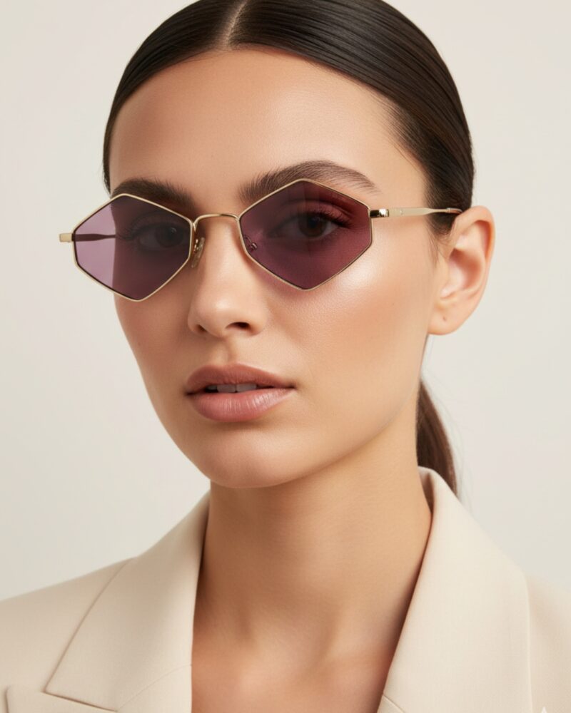 Détail des lunettes de soleil hexagonales doré brossé avec verres mauves