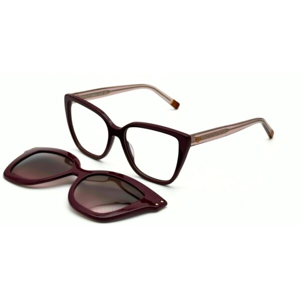 Élégantes lunettes de vue clip on femme bordeaux forme papillon avec clip polarisé magnétique.