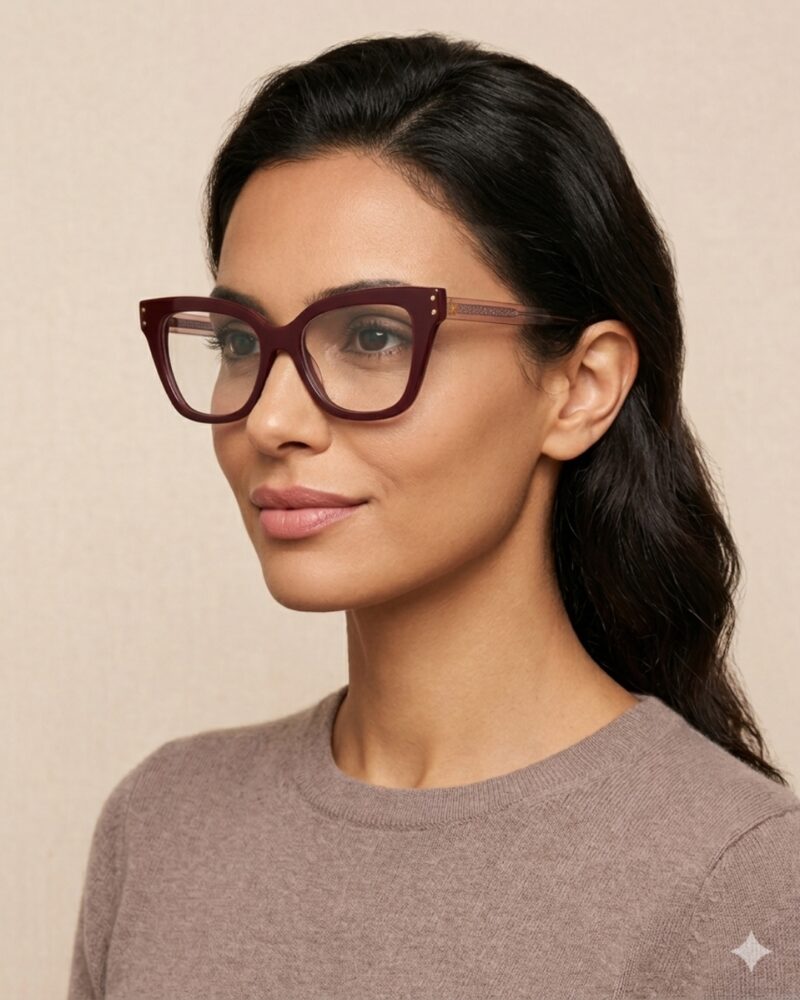 Élégantes lunettes de vue clip on femme bordeaux forme papillon avec clip polarisé magnétique.