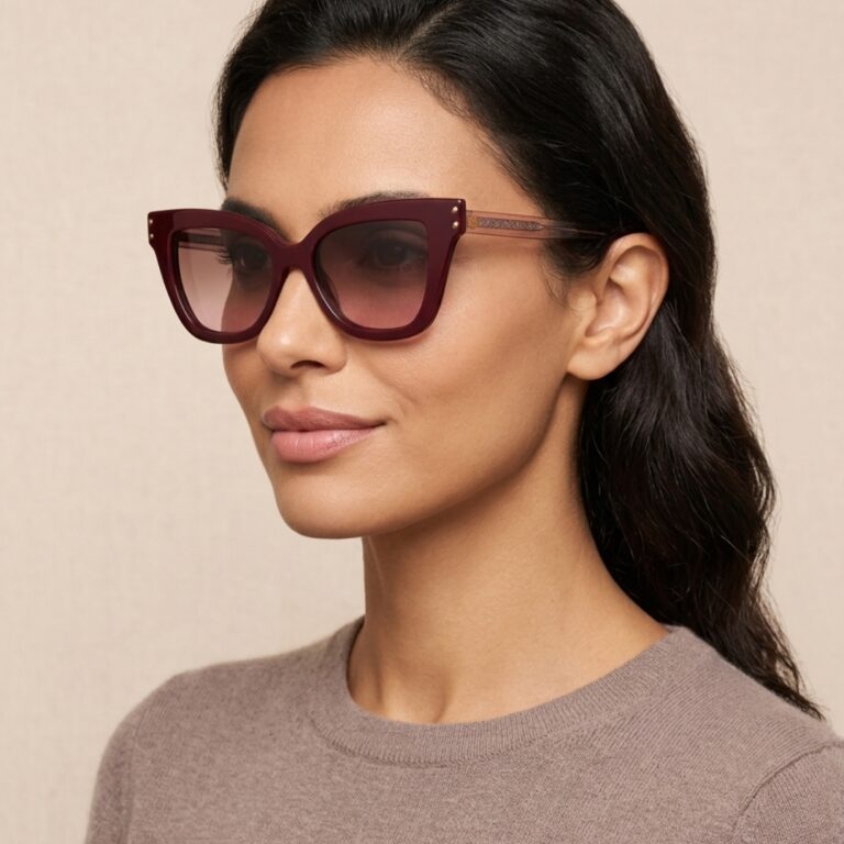 Élégantes lunettes de vue clip on femme bordeaux forme papillon avec clip polarisé magnétique.
