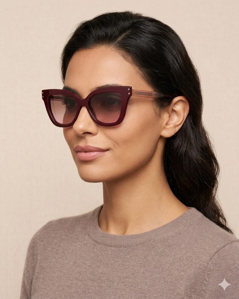 Élégantes lunettes de vue clip on femme bordeaux forme papillon avec clip polarisé magnétique.