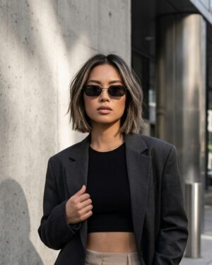 Lunettes de soleil femme hexagonales monture métal argenté verres plats