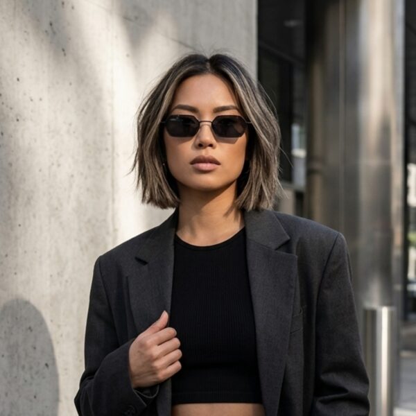 Lunettes de soleil femme hexagonales monture métal argenté verres plats