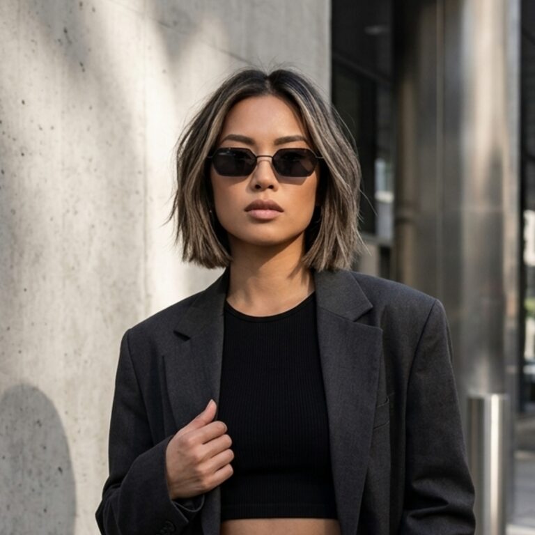 Lunettes de soleil femme hexagonales monture métal argenté verres plats
