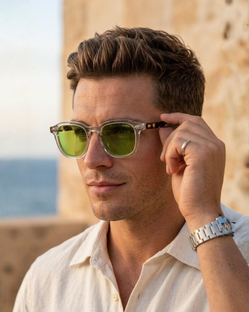 Lunettes Polarisées JOW&BRO Tunisie face transparente branches écaille marron verres verts AZZABI OPTIC