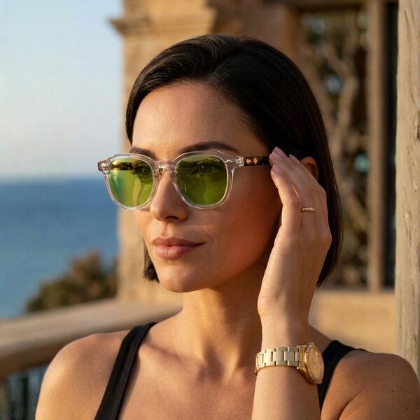 Lunettes Polarisées JOW&BRO Tunisie face transparente branches écaille marron verres verts AZZABI OPTIC