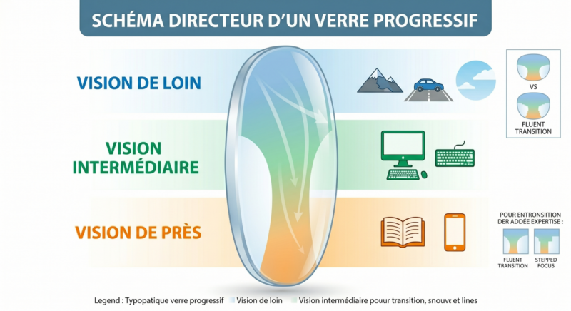 Schéma des verres progressifs : vision de loin en haut, vision intermédiaire pour l'écran au centre, vision de près pour la lecture en bas