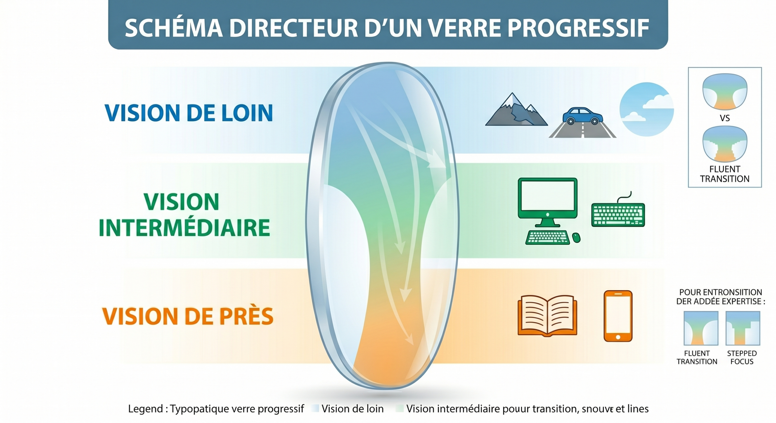 Schéma explicatif du fonctionnement des verres progressifs : transition entre la vision de loin, intermédiaire pour l'écran, et vision de près pour la lecture.