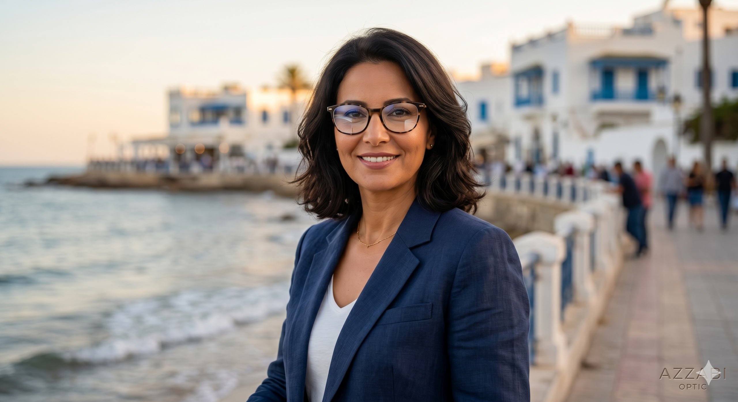 Femme portant des lunettes équipées de verres progressifs haut de gamme, conseillée par l'opticien AZZABI OPTIC à La Marsa, Tunisie.