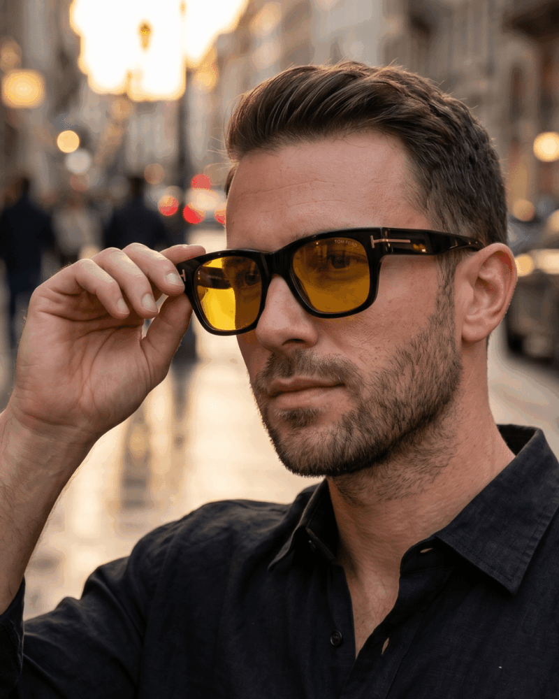 Lunettes de soleil Tom Ford Caine-02 monture noire et verres jaunes chez Azzabi Optic La Marsa.