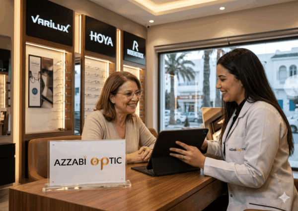 Opticienne AZZABI OPTIC conseillant une cliente sur ses verres progressifs dans la boutique de La Marsa