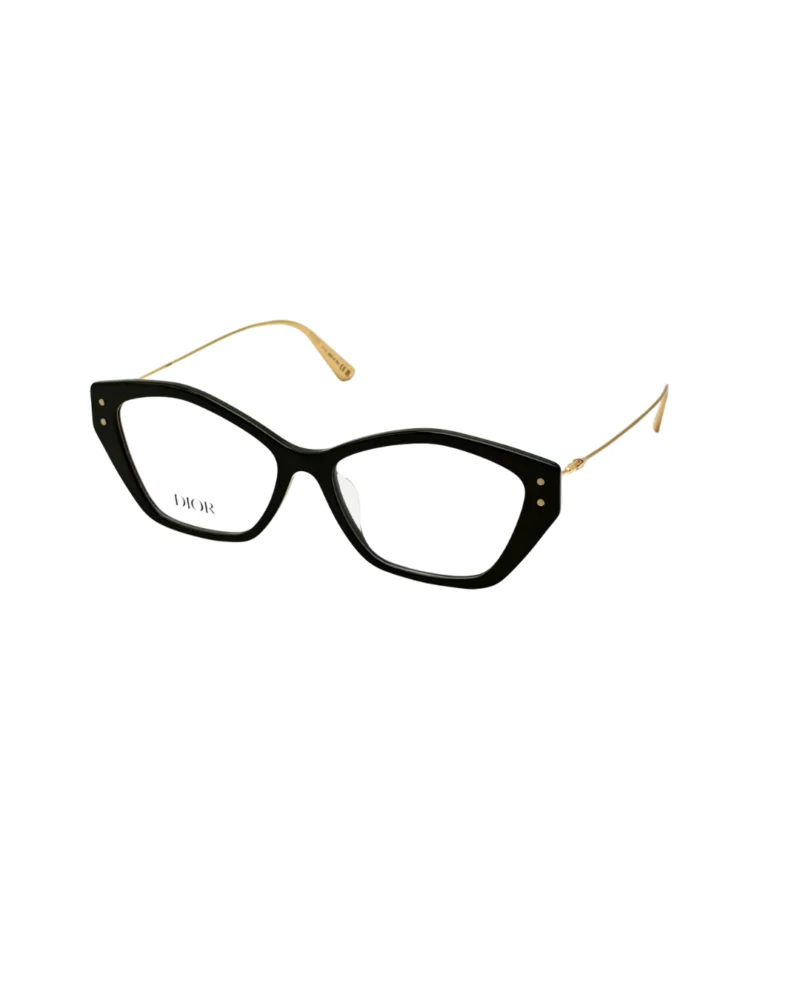 Lunettes de vue Dior pour femme avec monture géométrique noire épaisse et branches fines dorées, présentées de trois quarts sur fond blanc.