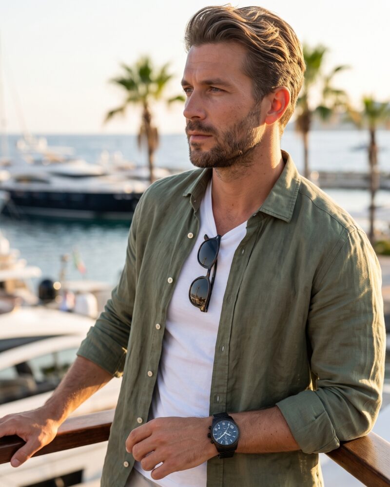 Homme élégant en tenue d'été portant la montre noire Santa Barbara Polo SB.1.10048.2