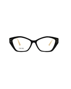 Vue de face de lunettes de vue Dior, monture noire aux lignes géométriques avec des détails dorés sur les côtés.