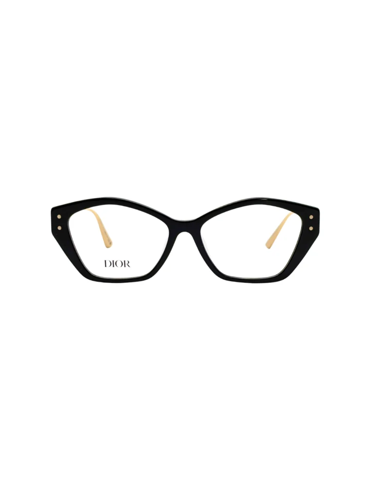 Vue de face de lunettes de vue Dior, monture noire aux lignes géométriques avec des détails dorés sur les côtés.