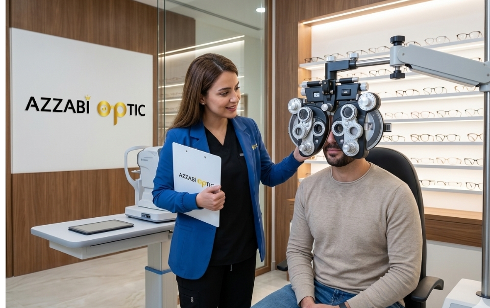 Contrôle de la Vue Professionnel chez AZZABI OPTIC Opticien optométriste réalisant un contrôle de la vue avec un équipement professionnel dans un centre optique en Tunisie