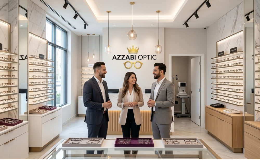 AZZABI OPTIC – Équipe d'Opticiens Optométristes en Tunisie Équipe d'opticiens optométristes AZZABI OPTIC accueillant et conseillant des clients dans un magasin d'optique moderne en Tunisie