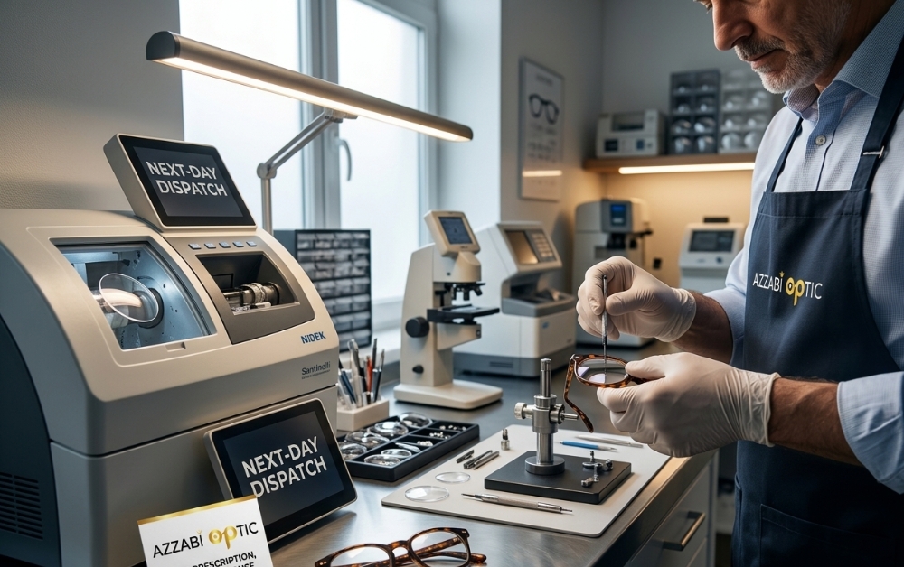 Atelier de Montage de Lunettes AZZABI OPTIC Montage de verres correcteurs dans une monture par un opticien professionnel dans l'atelier AZZABI OPTIC en Tunisie