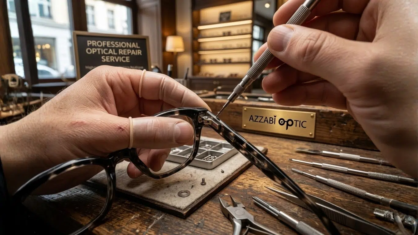Technicien opticien en train d'ajuster des lunettes AZZABI OPTIC