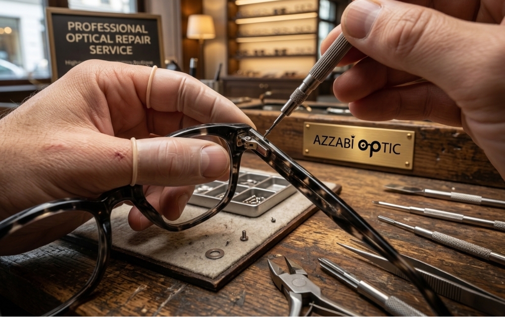 Réparation de Montures et Entretien de Lunettes en Tunisie Réparation de monture de lunettes par un opticien expérimenté avec outils de précision chez AZZABI OPTIC