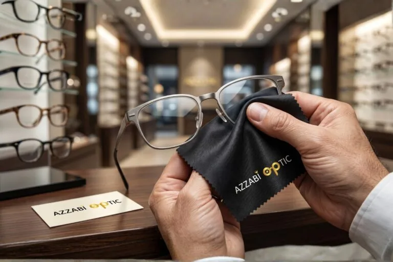 Mains d'un expert opticien nettoyant délicatement des lunettes de vue avec un chiffon en microfibre dans une boutique premium.