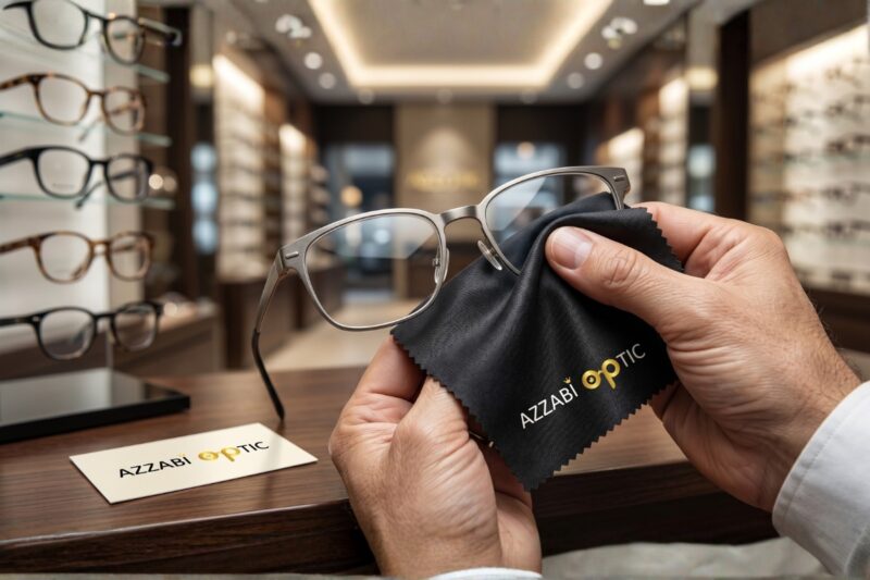 Mains d'un expert opticien nettoyant délicatement des lunettes de vue avec un chiffon en microfibre dans une boutique premium.